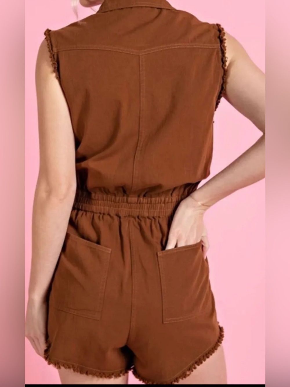 Sleeveless Lightweight Denim Romper in Chocolate Brown - Picture 3 of 5